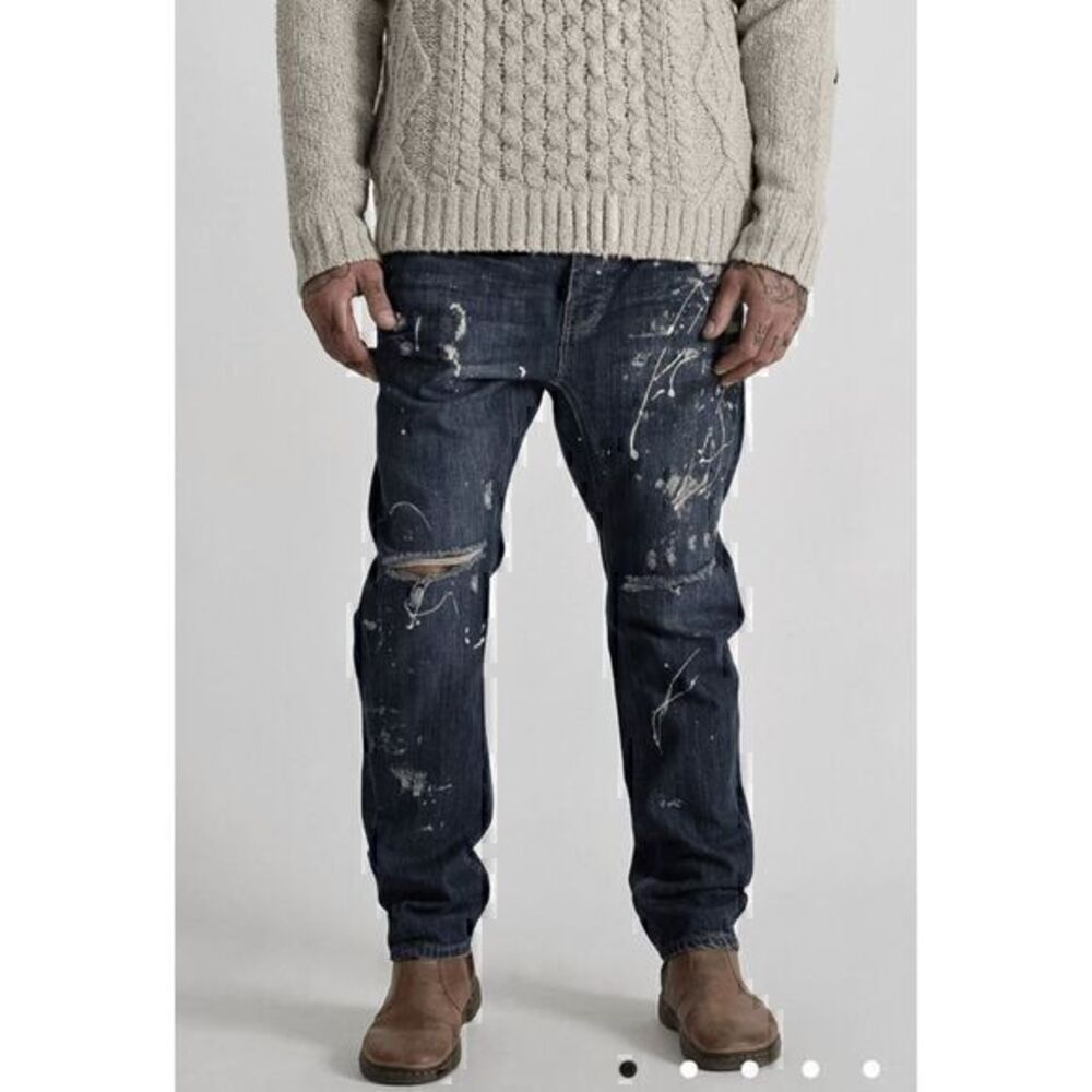 One Teaspoon Mens Blue Cowboy Relaxed Mr Golds Distressed Paint Splattered Jeans
